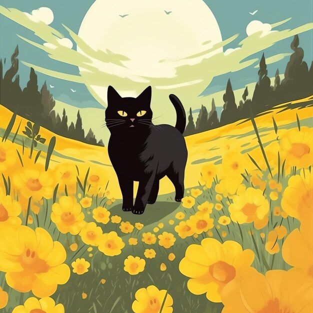 charming and whimsical design featuring a single cat and flowers