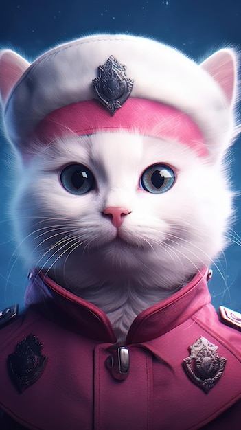 Charming White Cat Wearing a Pink Cap with Big Blue Eyes AI Generated