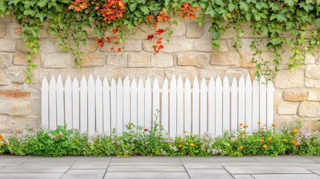 Photo charming white picket fence accented by colorful flowers against stone wall in early morning