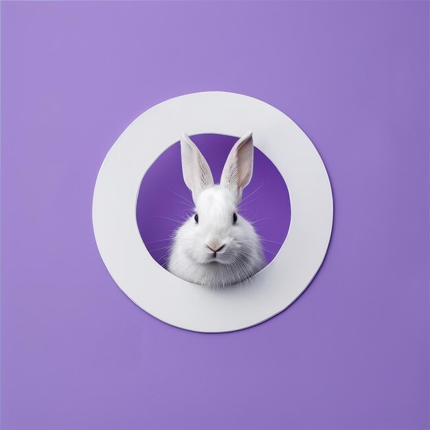 A charming white rabbit peeks through a circular white cutout on a purple background