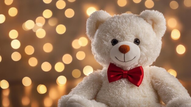 Photo a charming white teddy bear with a red bow tie smiles sweetly set against a warm and inviting