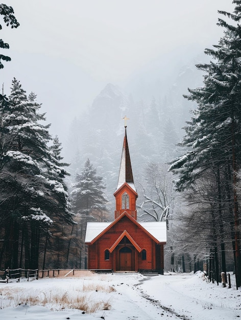 Photo charming winter church in snowy forest landscape