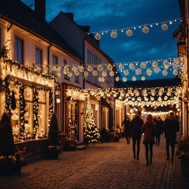 Photo charming winter evening in a beautifully lit cobblestone street adorned with festive decorations twi