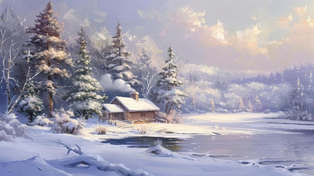 Charming winter landscape with a cozy cabin nestled among snowcovered trees