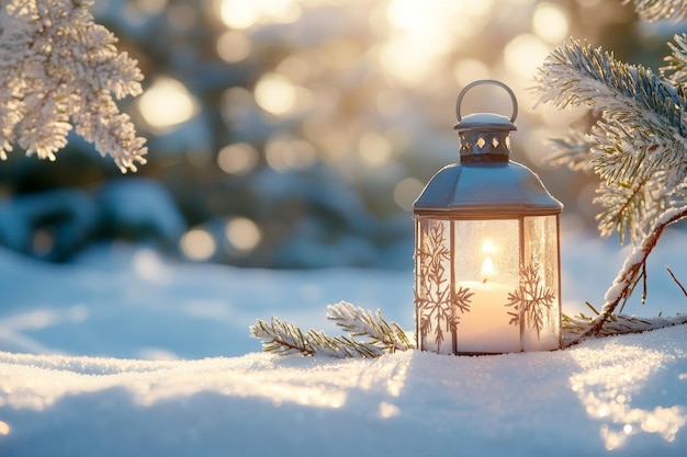 Photo charming winter scene christmas lantern on snow with fir branch glowing in sunlight