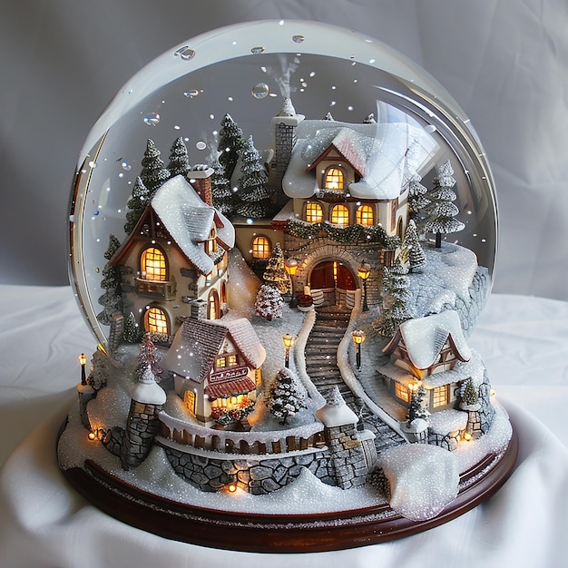 A charming winter village snow globe with swirling snow and illuminated houses nostalgic and whims