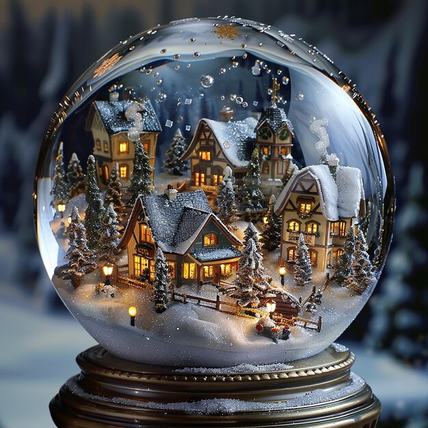 A charming winter village snow globe with swirling snow and illuminated houses nostalgic and whims