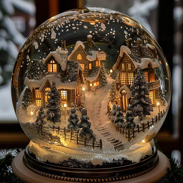 A charming winter village snow globe with swirling snow and illuminated houses nostalgic and whims