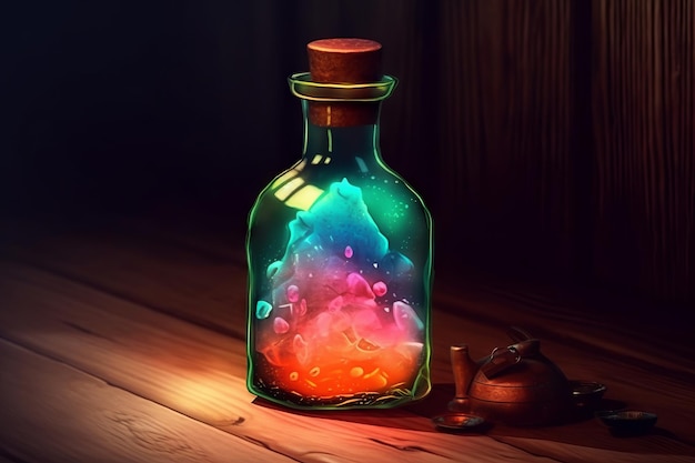 Charming Witchcraft Bottle of Poison on Wooden Table Full of Color and Mystery Generative AI