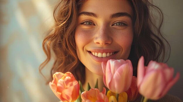 A charming woman adorned with a bouquet of tulips their hues mirroring her infectious joy