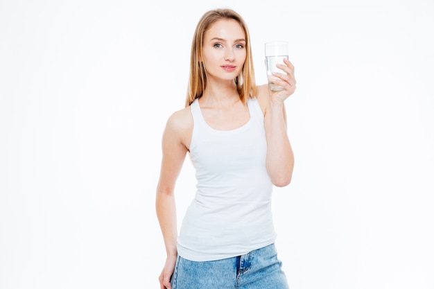 Charming woman holding glass with water isolated on a white background