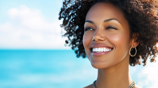 Charming Woman with Wavy Hair Wearing Bohemian Jewelry Smiling by the Seaside Breeze Keyw