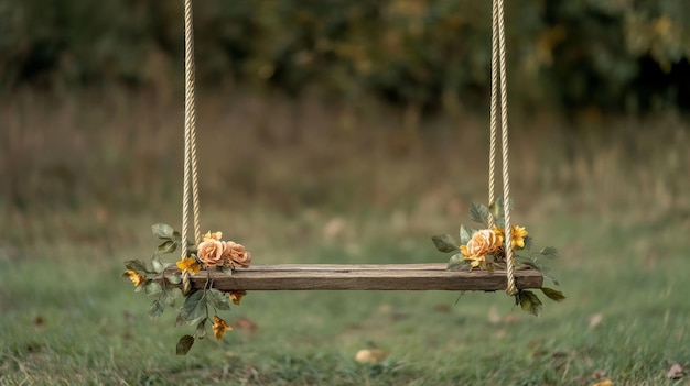 Photo a charming wooden swing hangs gently in a forest setting adorned with delicate flowers and lea