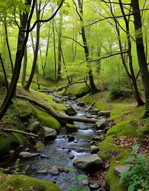 Photo a charming woodland glade with a few scattered rocks and a gentle babbling brook