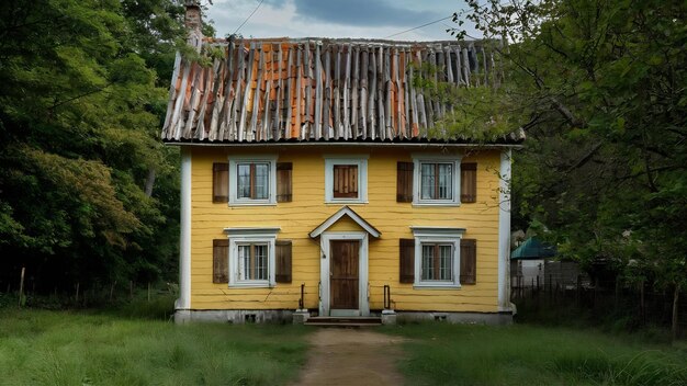 Charming yellow house with wooden windows and green grassy garden