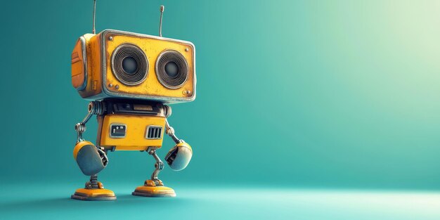 A charming yellow robot with big eyes stands on a teal background embodying the spirit of innovation and technology