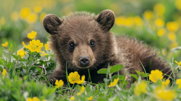 A charming young bear cub is having fun on the yellowflowering grass