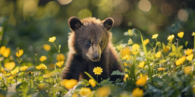 A charming young bear cub is having fun on the yellowflowering grass