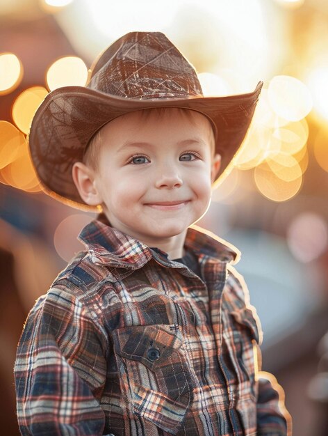 Charming Young Cowboy Smiling in Rustic Outdoor Setting