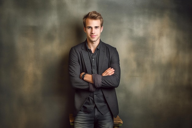 Photo charming young man in simple studio shot with arms crossed