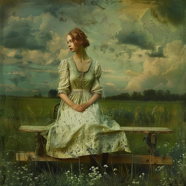 Charming young woman enjoying nature on a green bench