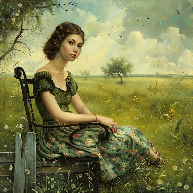 Charming young woman enjoying nature on a green bench