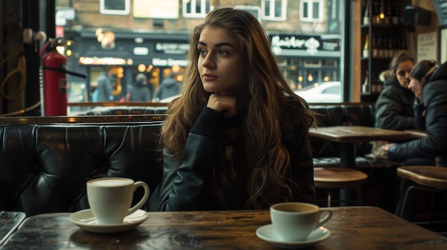 Photo charming young woman relishes her morning coffee in a cozy caf setting for a perfect break