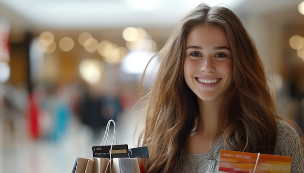 Photo charming young woman shopping with a warm smile