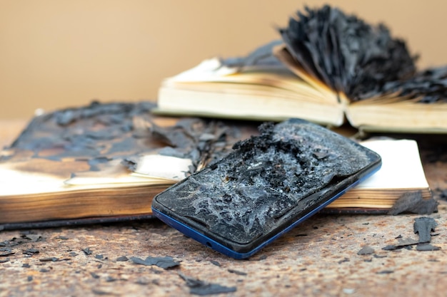 Charred books and a mobile phone after the fire