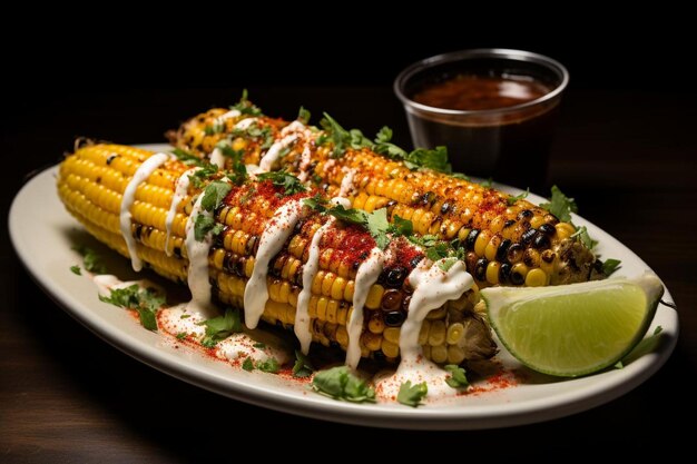 Charred elote with creamy mayo dressing Spicy Mexican Street Corn image photography