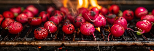 Photo charred grilled radishes still sizzling on the hot grill