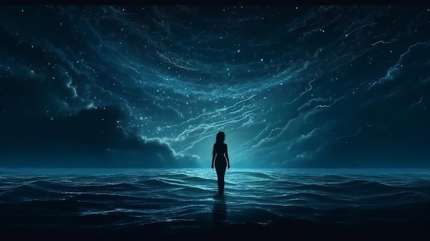 Chart of slant woman standing in ocean at night and moving to cloud white sparkling space Creative resource AI Generated