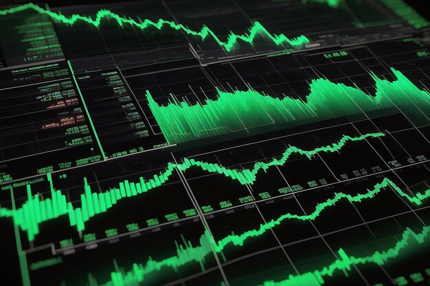 Chart of the stock market showing rising green candlesticks which represents the value of cryptocurrency Past price changes of digital currencies are shown graphically by volumes and time intervals