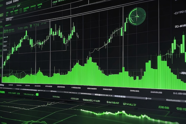 Chart of the stock market showing rising green candlesticks which represents the value of cryptocurrency Past price changes of digital currencies are shown graphically by volumes and time intervals