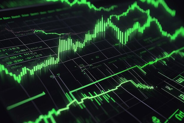 Chart of the stock market showing rising green candlesticks which represents the value of cryptocurrency Past price changes of digital currencies are shown graphically by volumes and time intervals