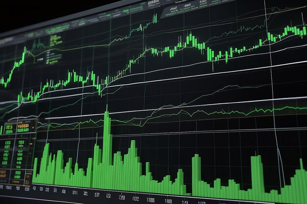 Chart of the stock market showing rising green candlesticks which represents the value of cryptocurrency Past price changes of digital currencies are shown graphically by volumes and time intervals