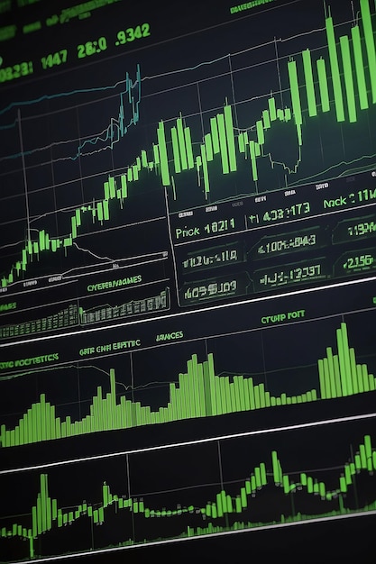 Chart of the stock market showing rising green candlesticks which represents the value of cryptocurrency Past price changes of digital currencies are shown graphically by volumes and time intervals