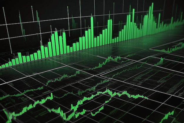 Chart of the stock market showing rising green candlesticks which represents the value of cryptocurrency Past price changes of digital currencies are shown graphically by volumes and time intervals