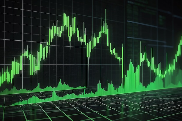 Chart of the stock market showing rising green candlesticks which represents the value of cryptocurrency Past price changes of digital currencies are shown graphically by volumes and time intervals