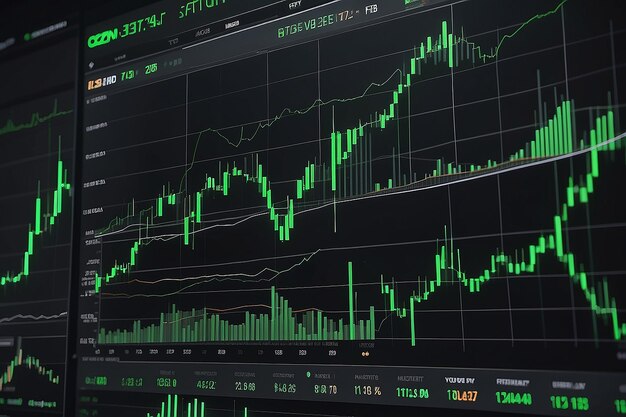 Chart of the stock market showing rising green candlesticks which represents the value of cryptocurrency Past price changes of digital currencies are shown graphically by volumes and time intervals