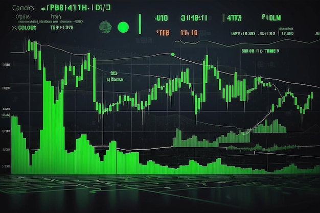 Chart of the stock market showing rising green candlesticks which represents the value of cryptocurrency Past price changes of digital currencies are shown graphically by volumes and time intervals