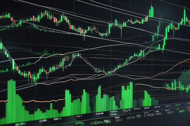 Chart of the stock market showing rising green candlesticks which represents the value of cryptocurrency Past price changes of digital currencies are shown graphically by volumes and time intervals