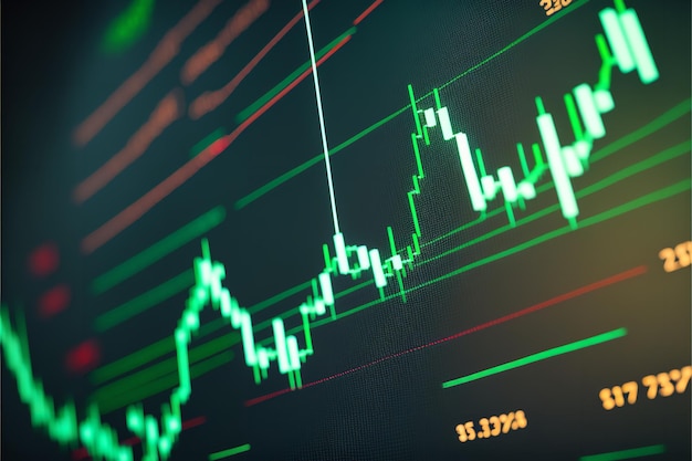 Chart of the stock market showing rising green candlesticks which represents the value of cryptocurrency Past price changes of digital currencies are shown graphically by volumes and time intervals