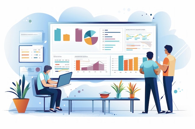 Charts on big display team analyzing illustration