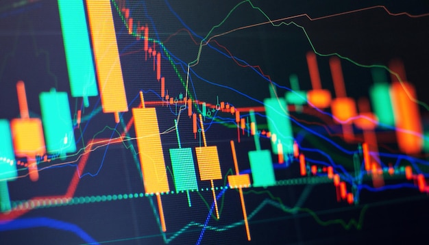 Charts of financial instruments with various type of indicators including volume analysis for professional technical analysis on the monitor of a computer