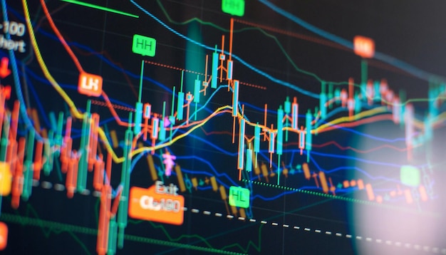 Charts of financial instruments with various type of indicators including volume analysis for professional technical analysis on the monitor of a computer