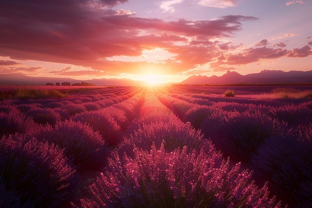 Chase the fleeting beauty of sunset over lavender generative ai