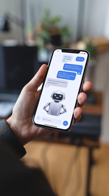 Photo chatbot conversation on smartphone screen app interface with artificial intelligence technology pro