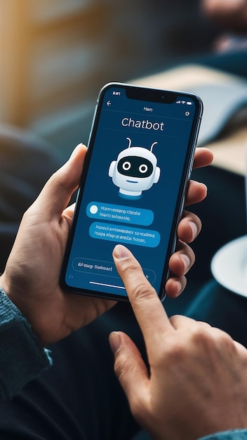 Photo chatbot conversation on smartphone screen app interface with artificial intelligence technology pro