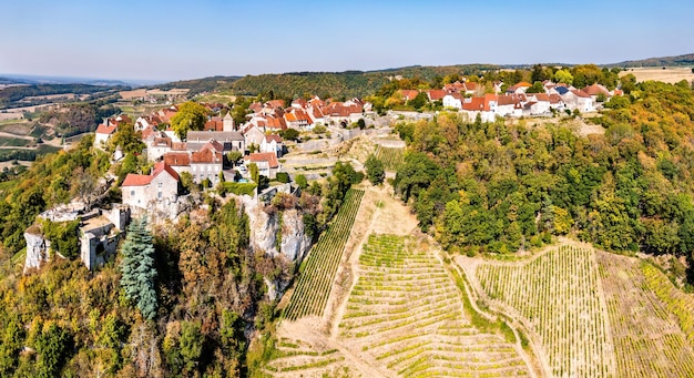 ChateauChalon above its vineyards in Jura France